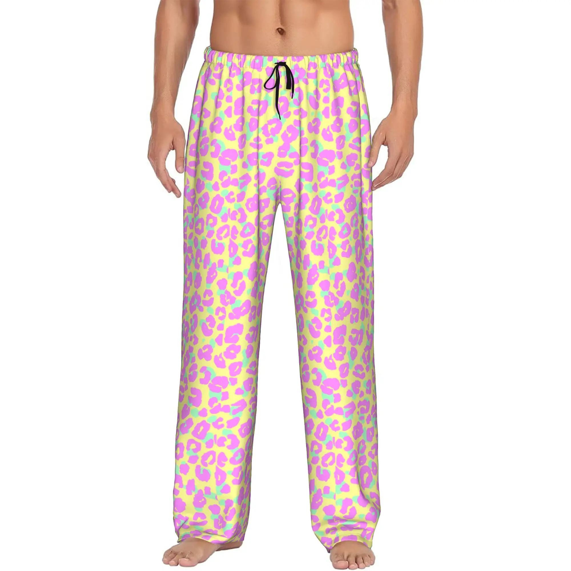 Custom Leopard Print Colorful Pajama Pants Men  Lounge Sleep Drawstring Sleepwear Bottoms with Pockets