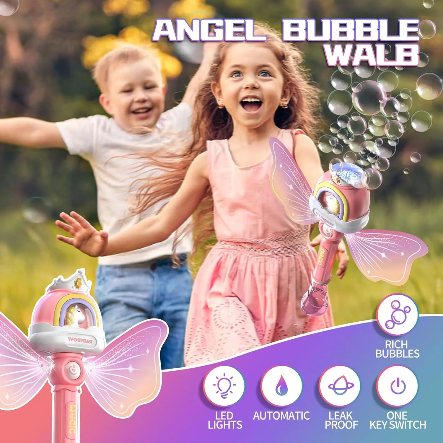 Anjo elétrico bolha vara totalmente automático com asas iluminação portátil vara mágica festa ao ar livre brinquedo de aniversário