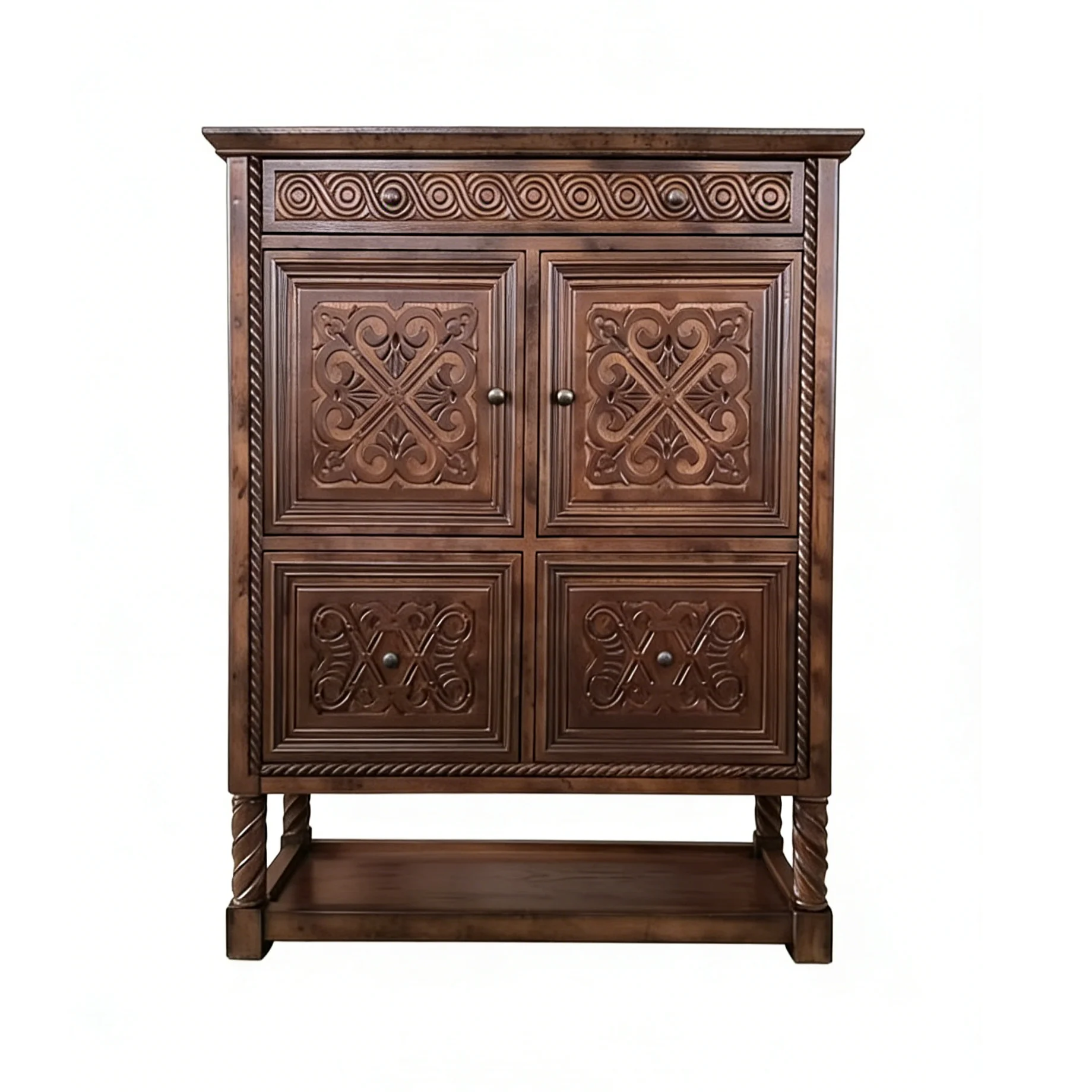Carved wood grain solid wood living room locker, rustic style locker with 5 shelves and drawers, durable traditional design