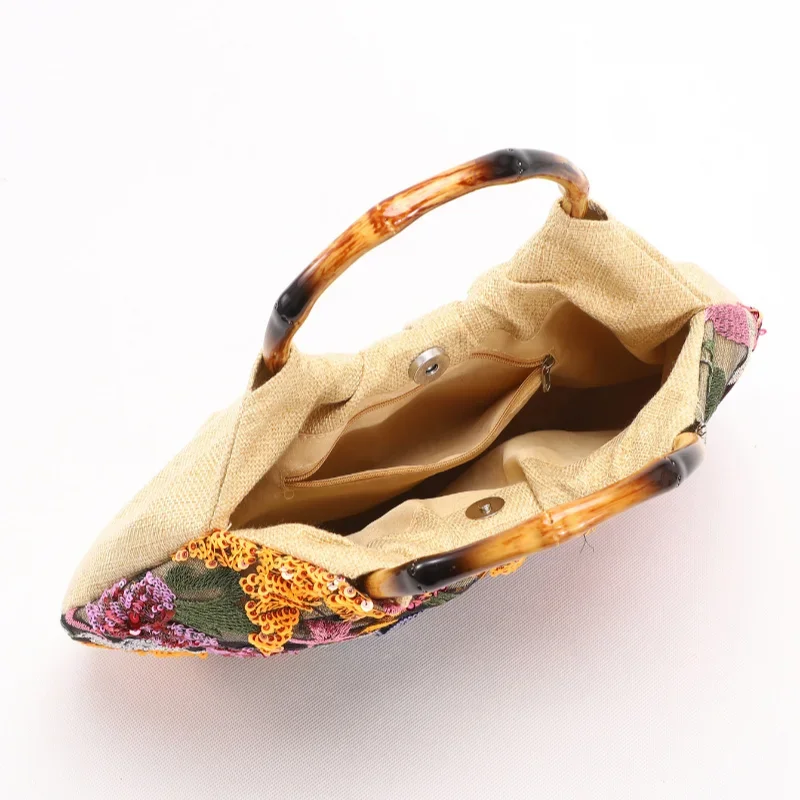 Women Boho Sequin Floral Embroidery Handbag Bamboo Ring Handle Ruched Mesh Tote Bag Colorful Flower Pattern Purse for Beach