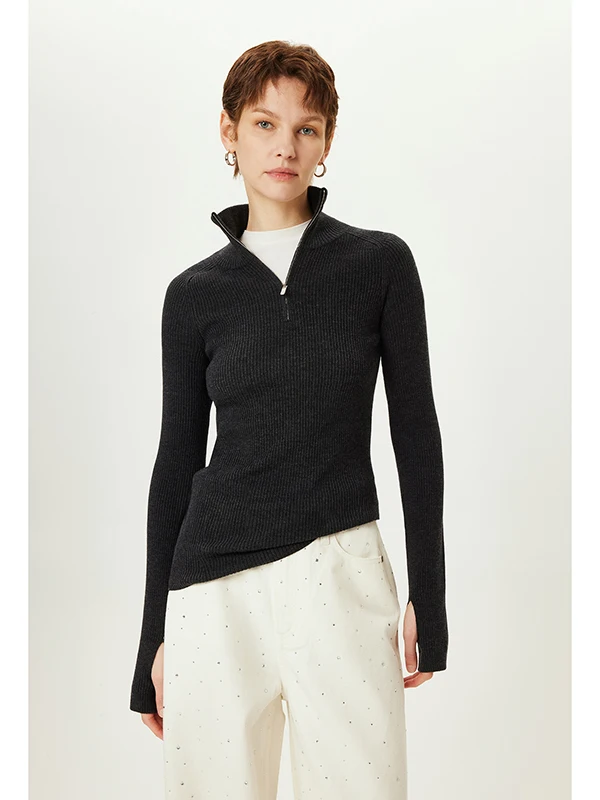 

Waable Camere Вязаная основа irt Воротник на молнии Длинный свек Облегающий шерстяной свитер с большим пальцем Све для поездок на работу Простой дизайн