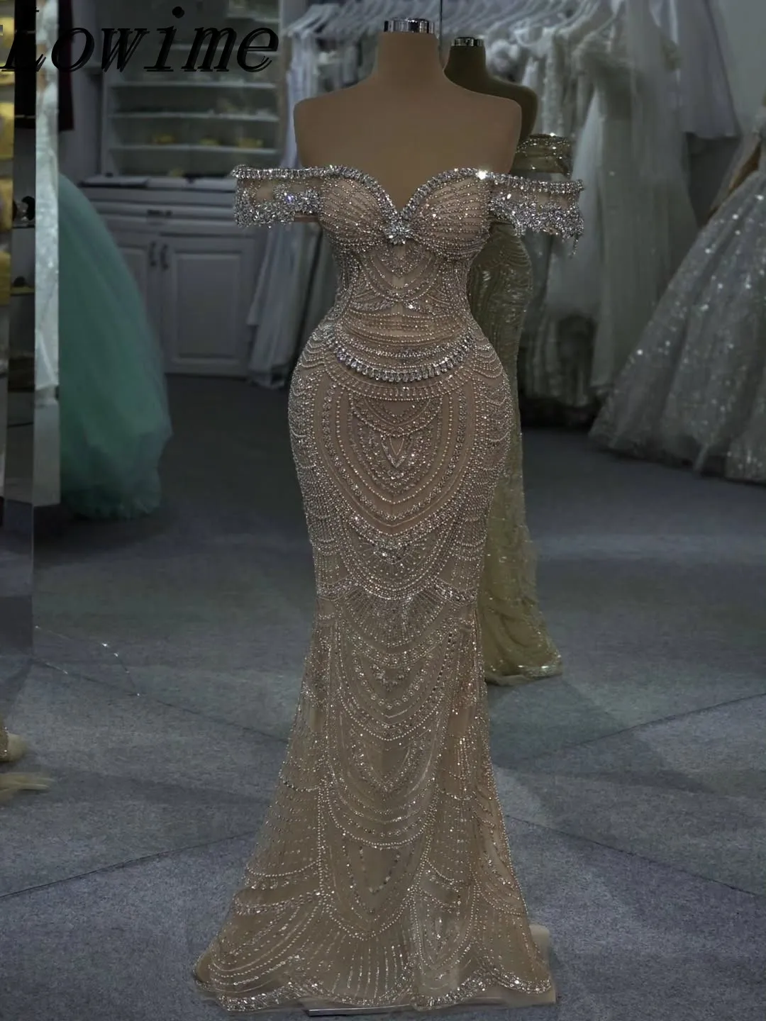 

Сверкающее платье для выпускного вечера цвета шампанского с открытыми плечами, элегантное длинное платье с жемчугом 2026, второе приемное платье Dubai Rob Soirée Femme по индивидуальному заказу