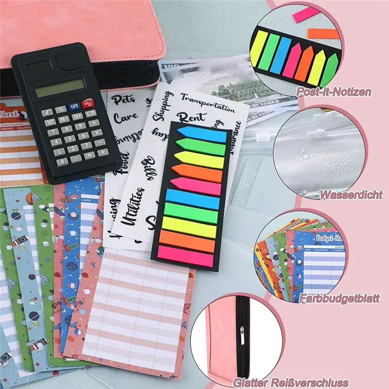 REST A6 Budget Planner with Calculator Zip Budget Binder Budget Planner Made with Envelopes for Money Saving Budget (Pink)
