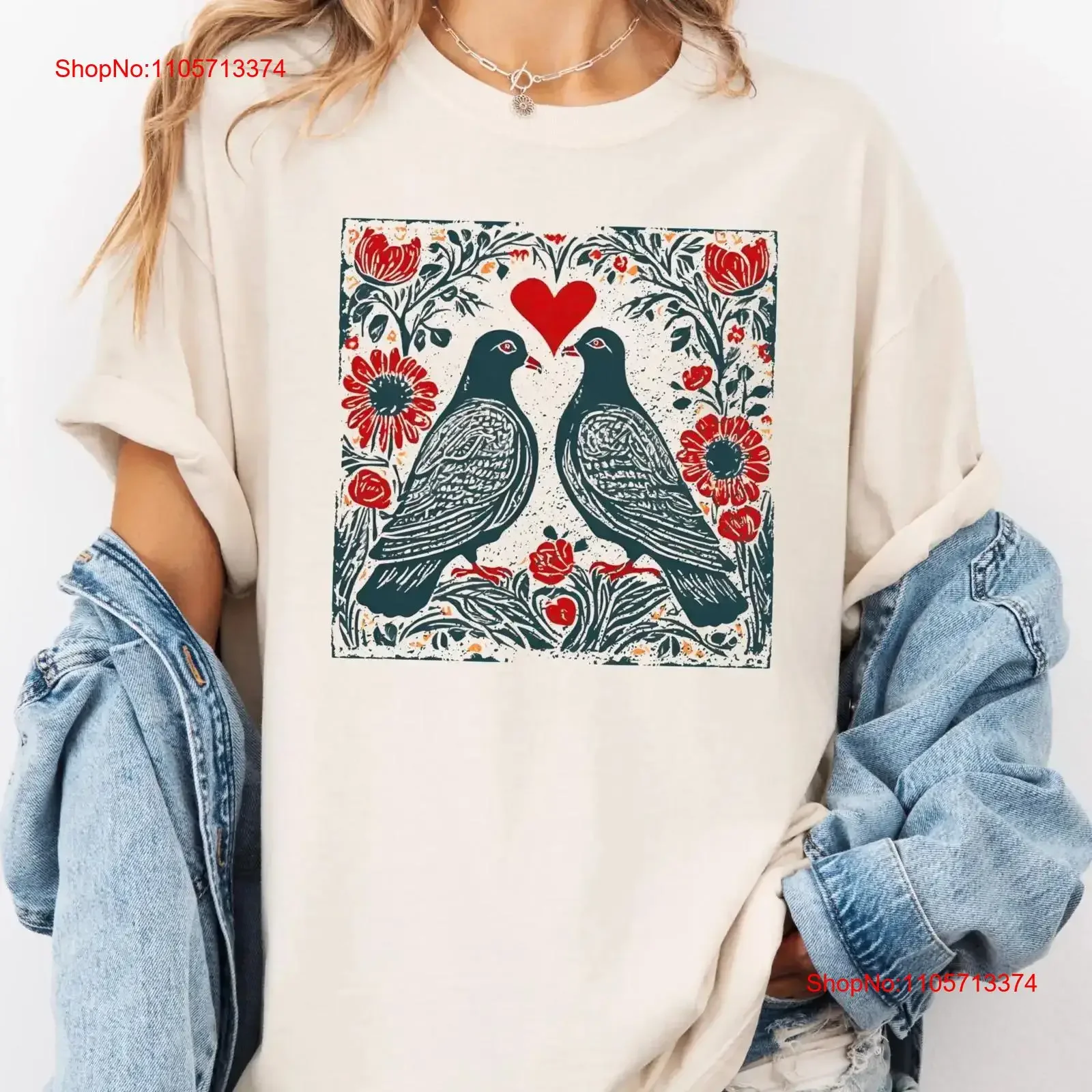 Pigeon T Shirt Linocut Bird Folk Art Dove Whimsical Cottagecore Vintage Floral Lover Cottage Core Clothes vintage Washed Soft
