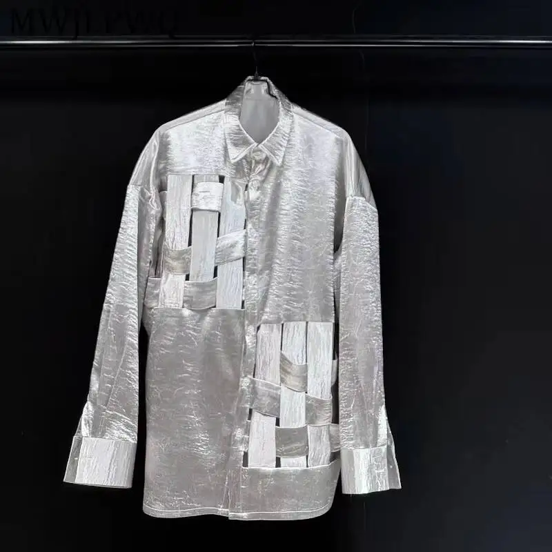MWJLPWQ Silver Hollow-Out Deconstructed Patchwork Shirt For Men Stylish Lapel Long-Sleeve Tide New Casual Tops 2026 Autumn 17487