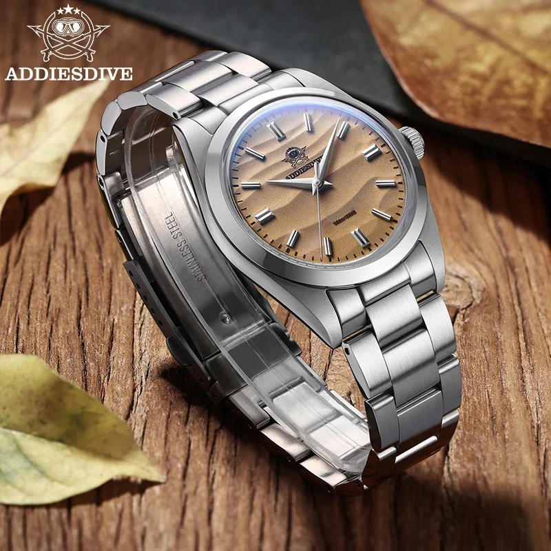 ADDIESDIVE Luxury Men VH31 Quartz Watch Desert Dial 100m Waterproof Wristwatch 36MM K1 Bubble Glass Steel Watches Gift For Man