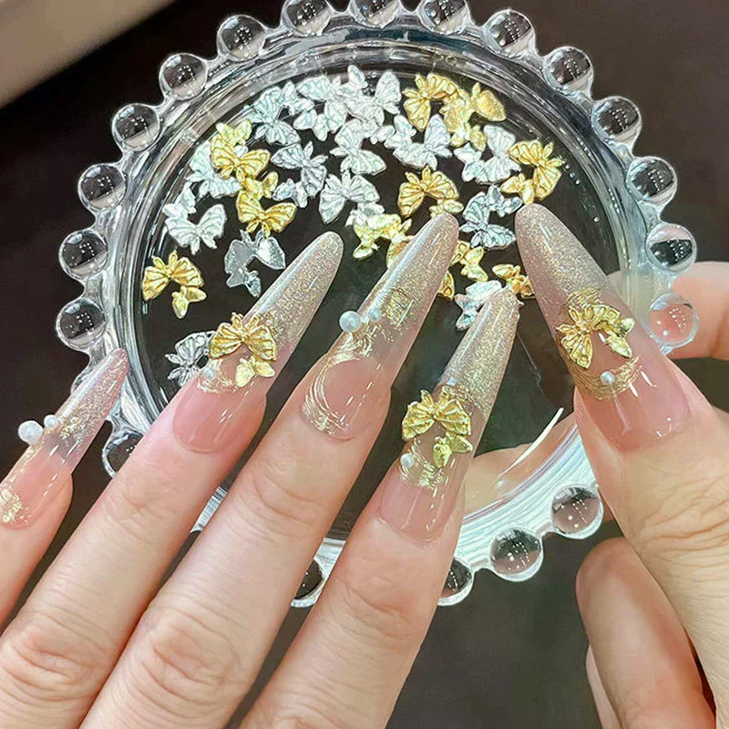 

10 шт., двойные бабочки из сплава, подвески для дизайна ногтей, золото/серебро/белые украшения для ногтей, ювелирные изделия, роскошные 3D аксессуары для ногтей, плоская задняя часть