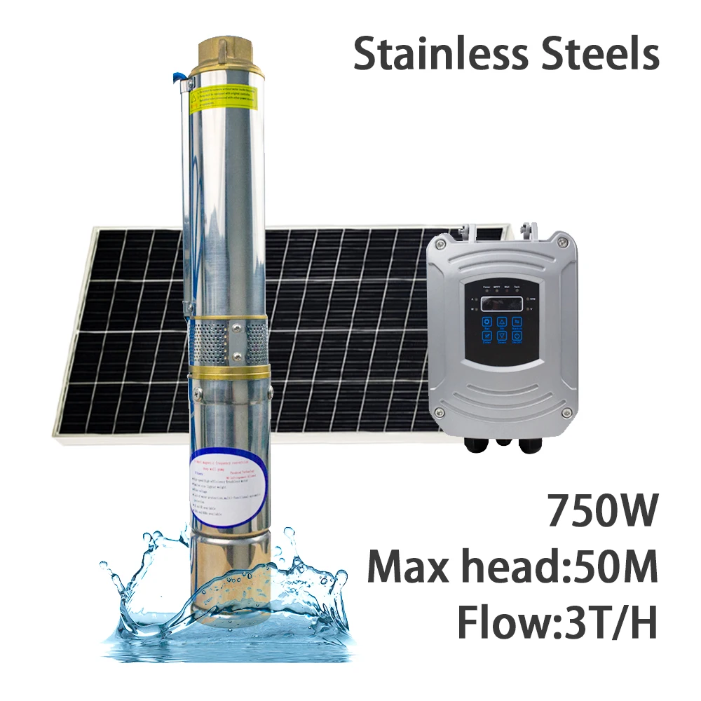Solar dc Deep Well Pump com Controlador Alta Eficiência sem Escova Aço Inoxidável Submersível Max Flow Ton h 750w