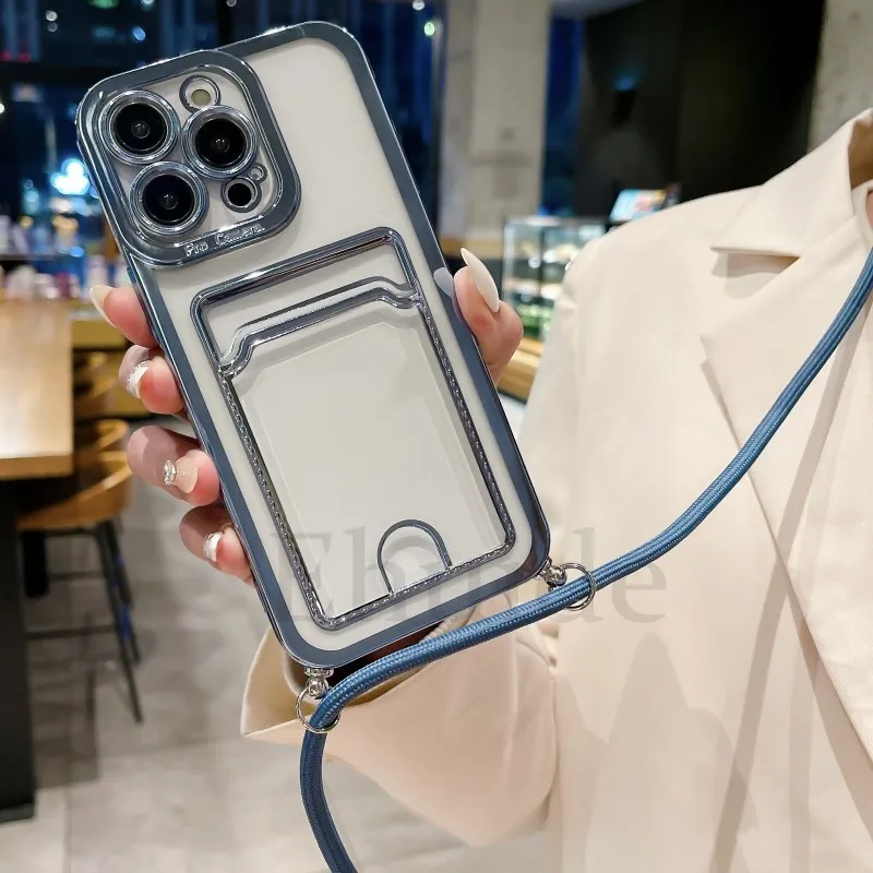 

Transparent Strap Case For iPhone 15 13 12 11 Pro Max XR X XS 7 8 14 Plus Crossbody Lanyard Necklace Wallet Card Plating Cover
