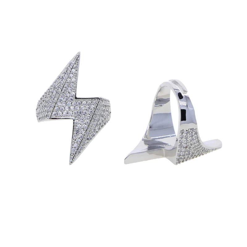 Fashion New Micro Paved 5A CZ Iced Out Bling Silver Color Lightning Bolt Shaped Hip Hop Men Finger Ring