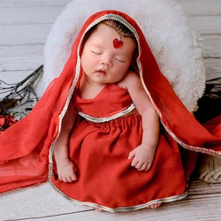 Newborn Baby Girl Indian Sari Photography Clothing Outfits Infant Photo Shoot Costumes Saree Dupatta Dress Heart Shape Bindi