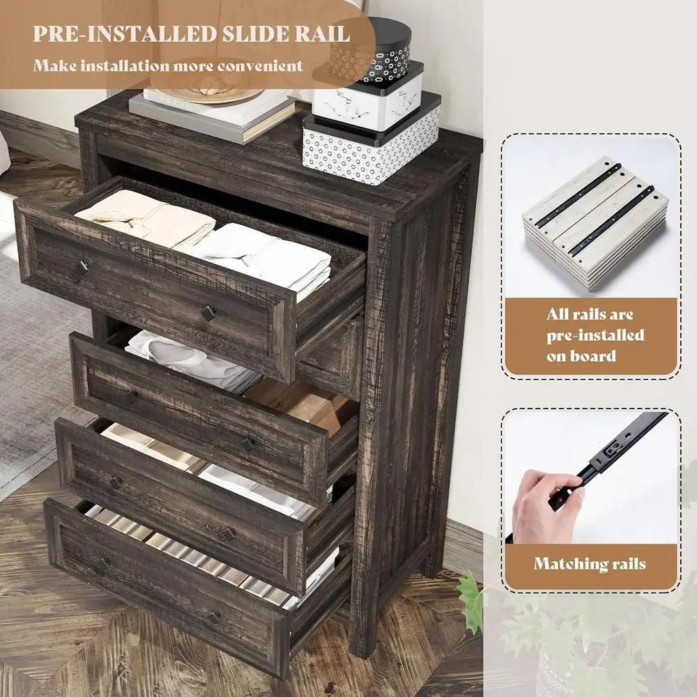 5 Drawer Tall Wood Chest for Bedroom, Hallway, and Entryway in Natural Texture Finish