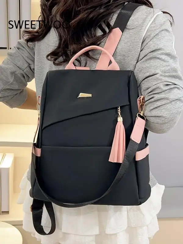 Ladies Fashion Tassel Accent Backpack Two Tone Design Detachable Shoulder Strap Practical Lightweight Daypack