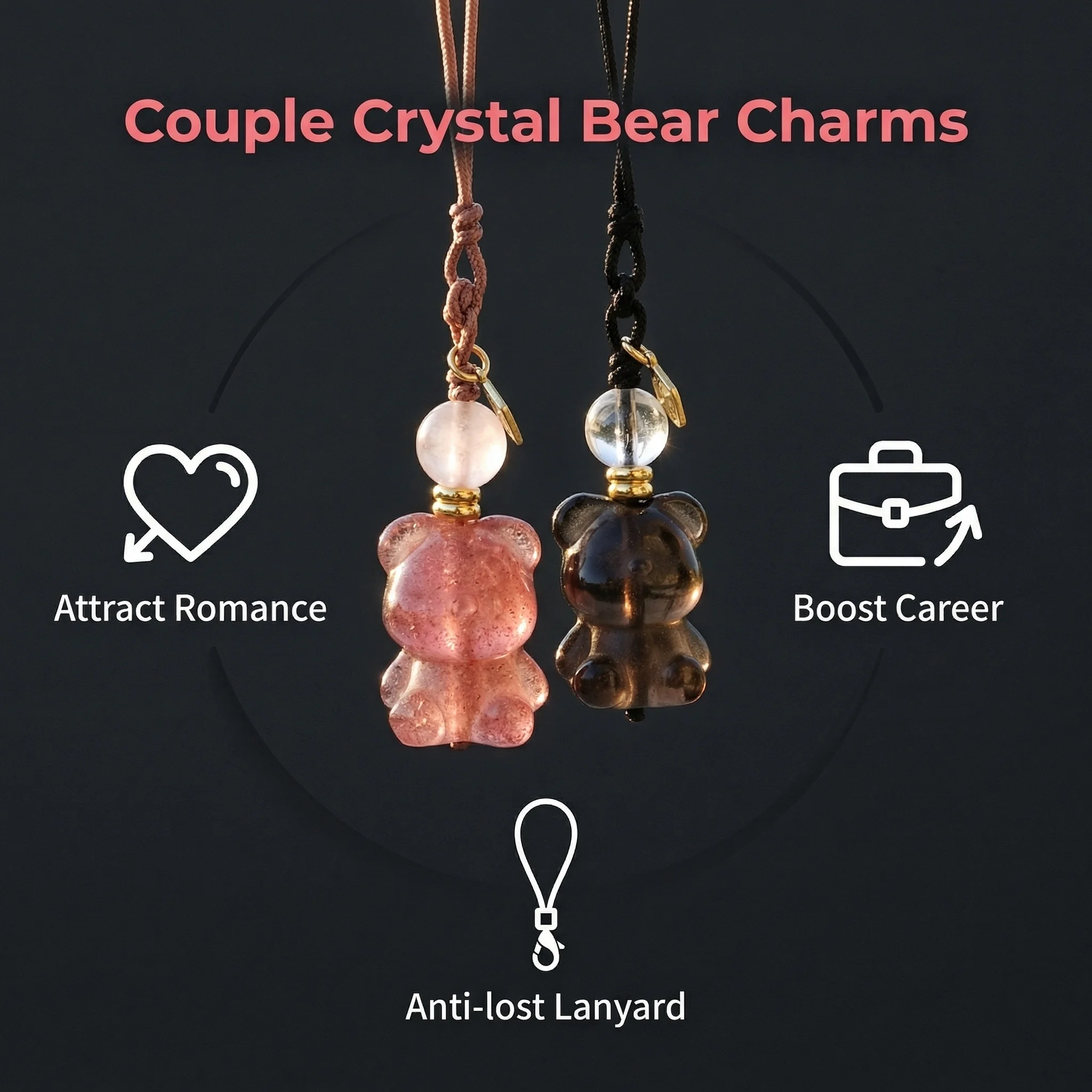 

ANNIE WU Couple Crystal Bear Charms Strawberry Quartz & Smoky Quartz Phone Lanyard Keychain Gift Set