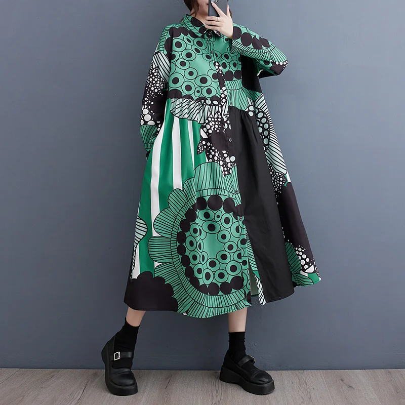 #4022 Green Yellow Printed Shirt Dress Split Joint Vintage Shirt Dress Women Turn-down Collar Retro Long Shirt Dress Autumn 2023