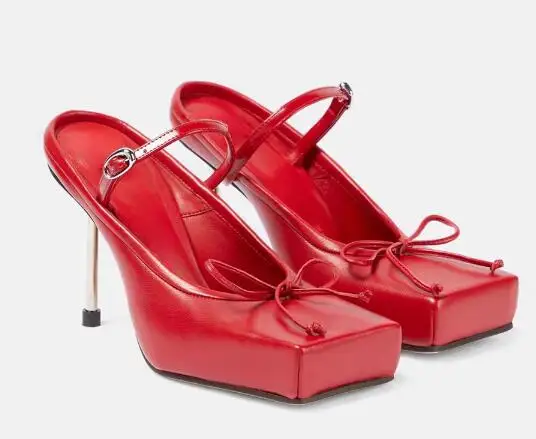 New Women Red Black Solid Leather Big Square Toe Bow Tie Front Shallow Slip On Buckle Iron Stiletto Heels Slippers Sandals Shoes