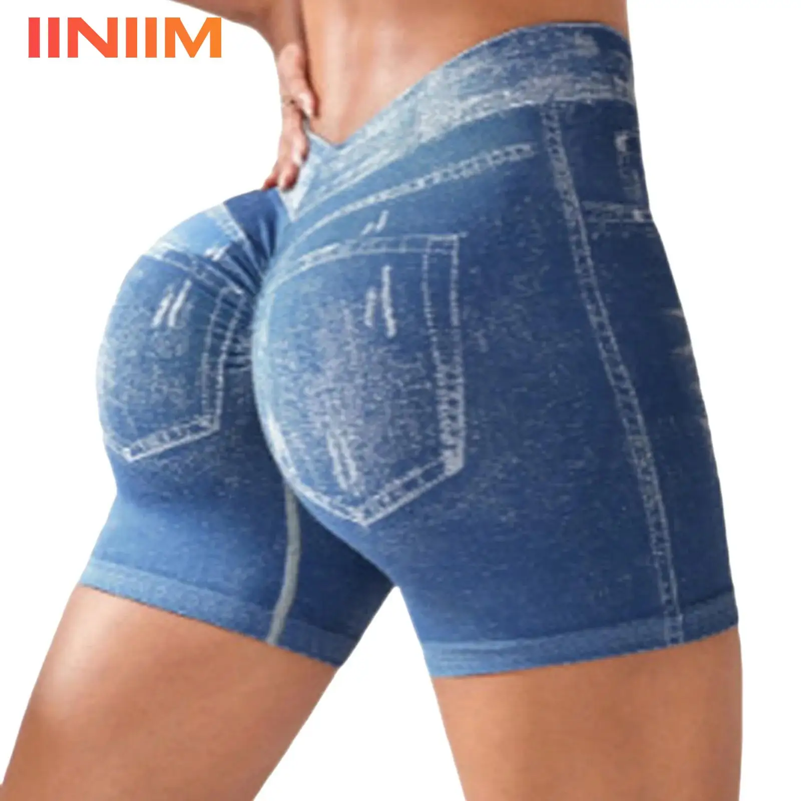 

Women Denim Printed Seamless Yoga Shorts Ruched Back Shorts Sports Running Cycling Costume Athletic Short Tights Costume