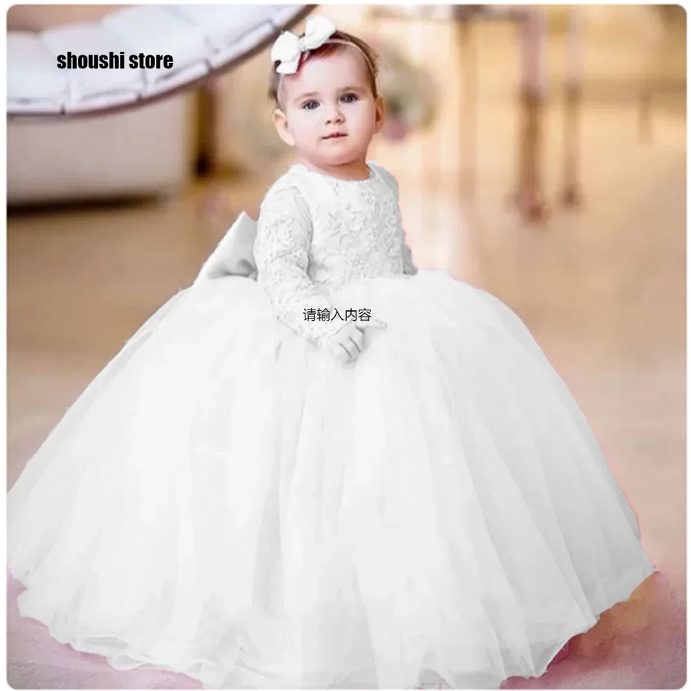

Applique Bow First Communion Birthday Prom Party Lace Fluffy Wedding Party Gowns White Flower Girl Dresses