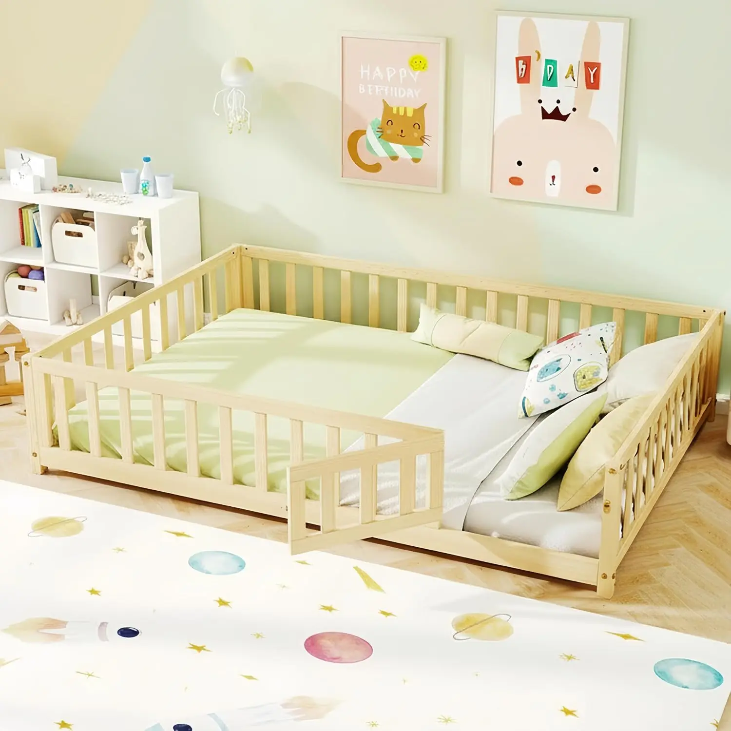Wood Floor Bed with Door & Fence, Full Size Montessori Frame with Safety Guardrails & Slats, No Box Spring, Customized
