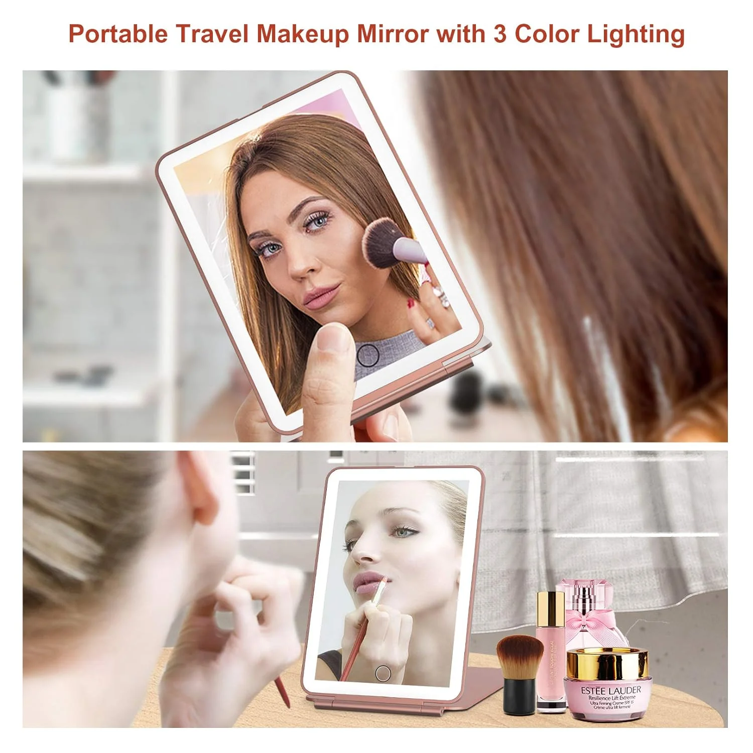 LED Travel Makeup Mirror 3 Colors Light USB Rechargeable Touch Screen Cute Portable Tabletop Cosmetic Mirror Ins PINK Beautiful