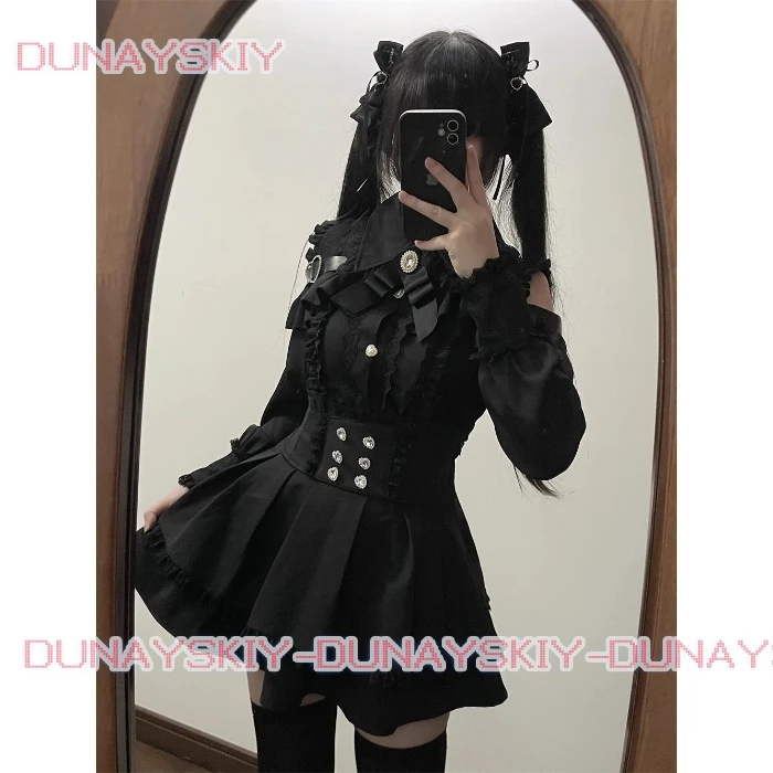 Jirai kei الزي لوليتا الفتيات بلوزة المرأة طويلة الأكمام قميص Kawii القوس التنانير السوداء قمصان Y2K الحلو اليابانية سيدة نمط مجموعة