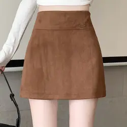 High Waist A-Line Skirt Women's Autumn Winter New Style Retro Leather Velvet Anti-Light One Step Wrap Body Skirt