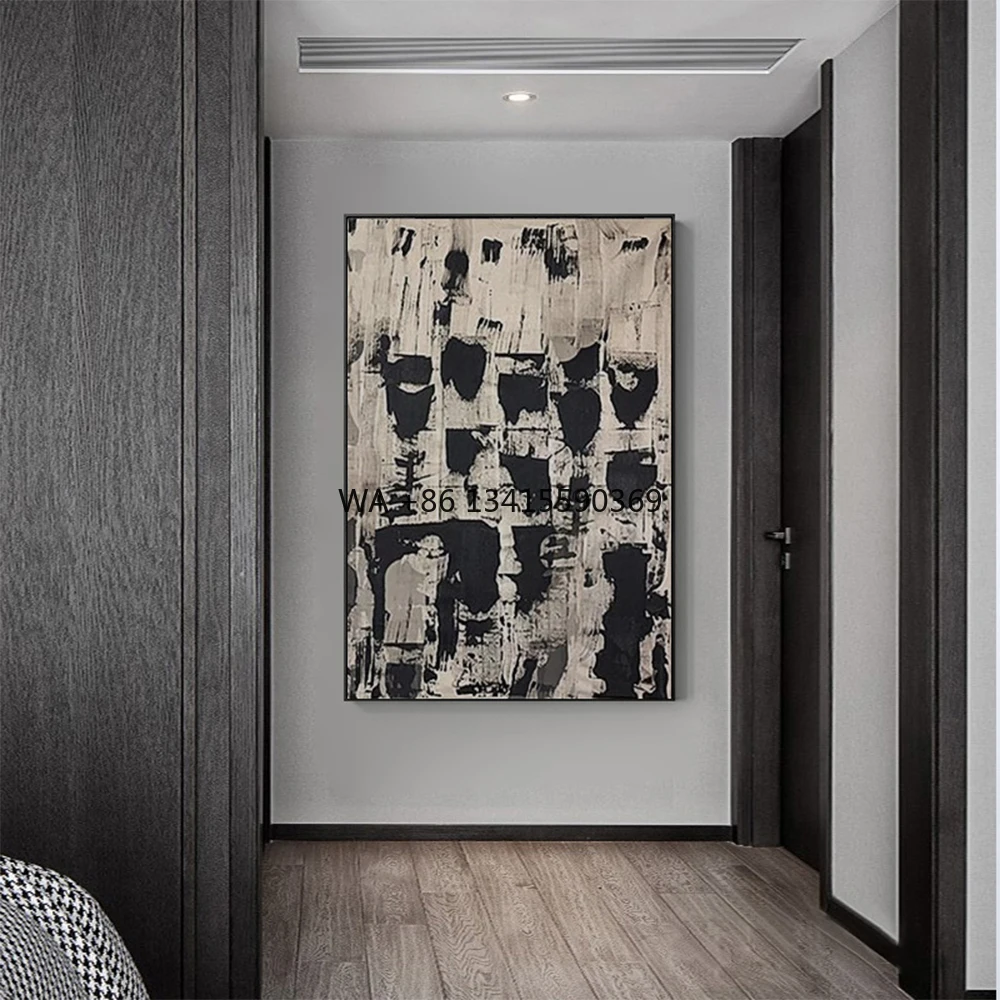 

Customized Wholesale Hotel Artworks White Black Abstract Wall Art Hand-Painted Texture Oil Painting Living Room Decor
