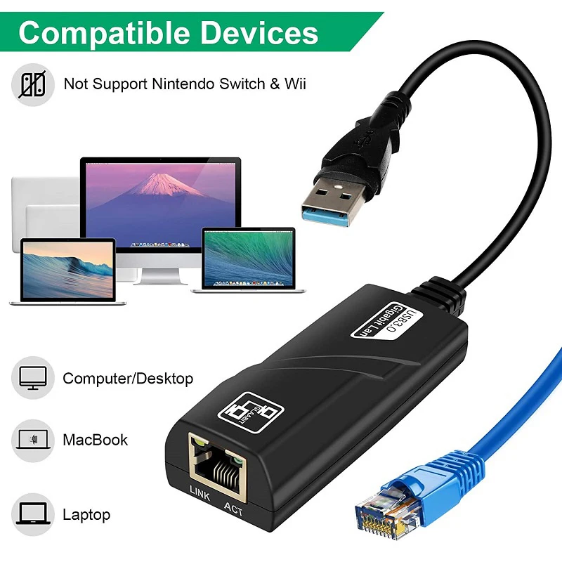USB 3.0 Gigabit LAN Driverless USB to RJ45 Cable Converter 10/100/1000 Mbps Gigabit for PC/Laptop Internet Adapter