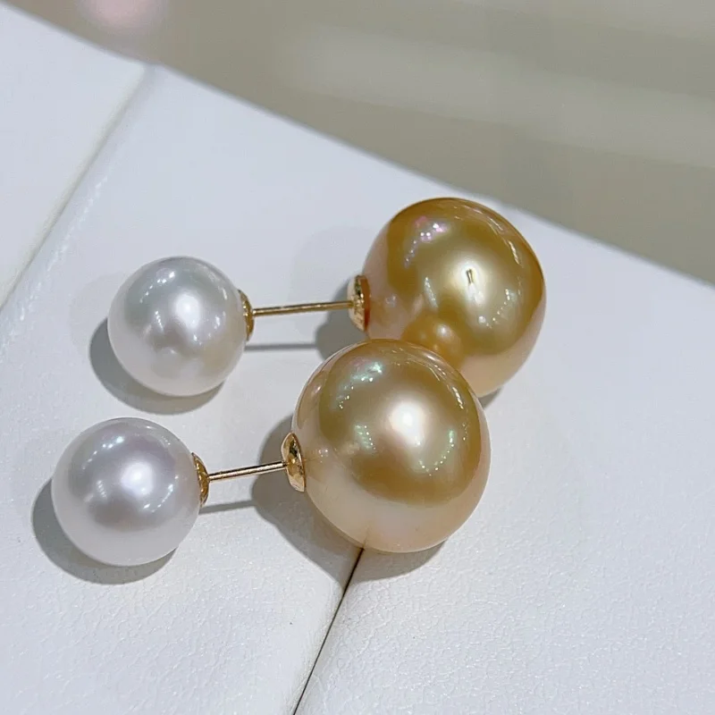 

SGARIT Jewelry 18K Gold Earring Double Beads South Sea Golden Pearl Stud for Women Fashion Birthday Gift SE48