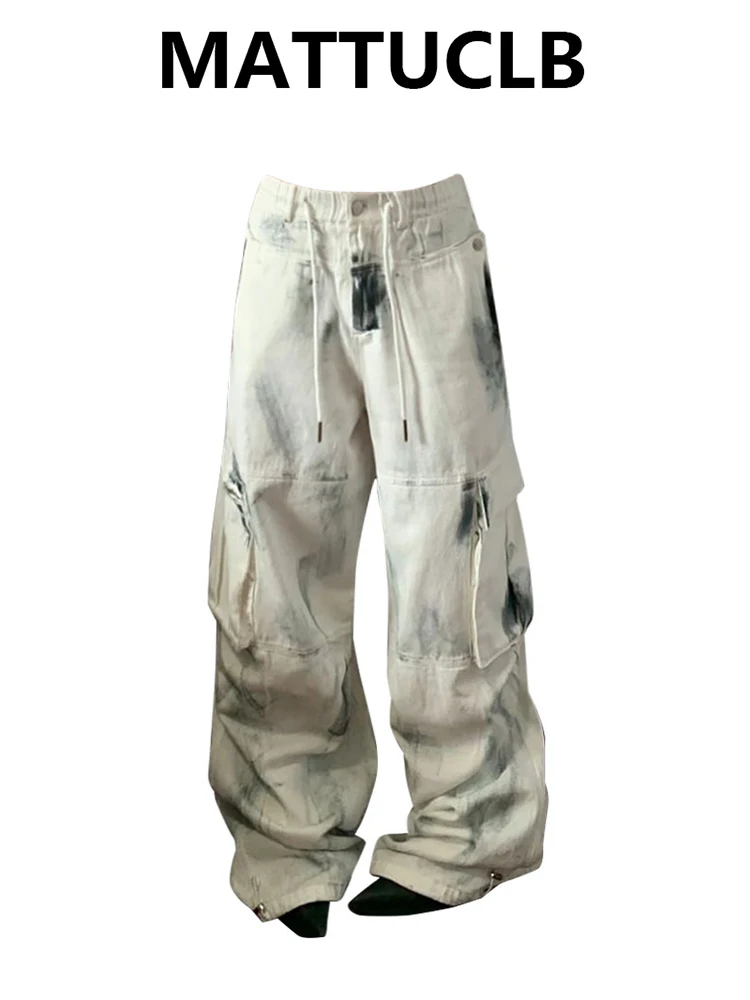 

Women Tomboy Tie Dye Baggy Jean Japanese Y2K Harajuku Hole Tie Dye Denim Pants Kpop Unisex Hip-pop Boyfriend Cyber Punk Grunge