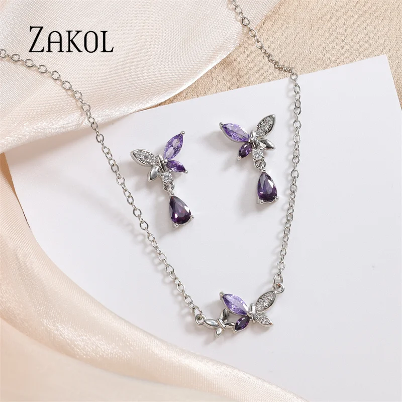 ZAKOL Fashion Colorful Butterfly Dangle Necklace Earring Sets for Women Purple Water Drop Zirconia Bridal Wedding Jewelry Set