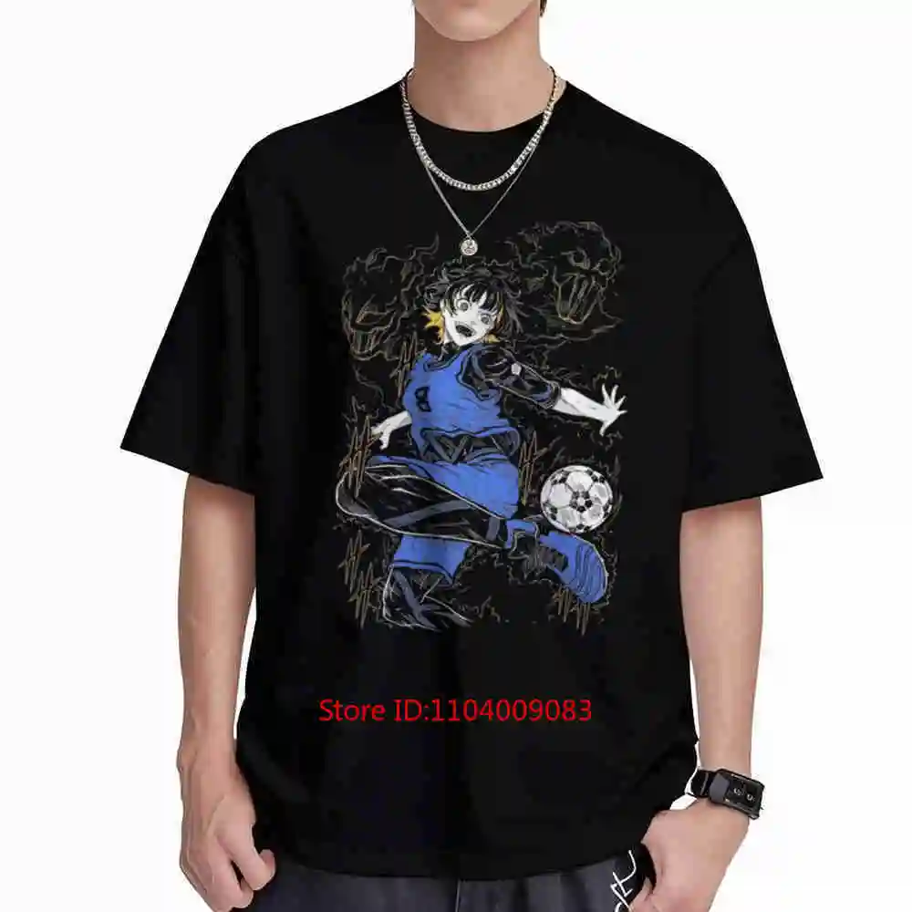 Dynamic Soccer Player Blue Uniform Lightning Football Short Sleeve Tee 100% Cotton T-Shirt