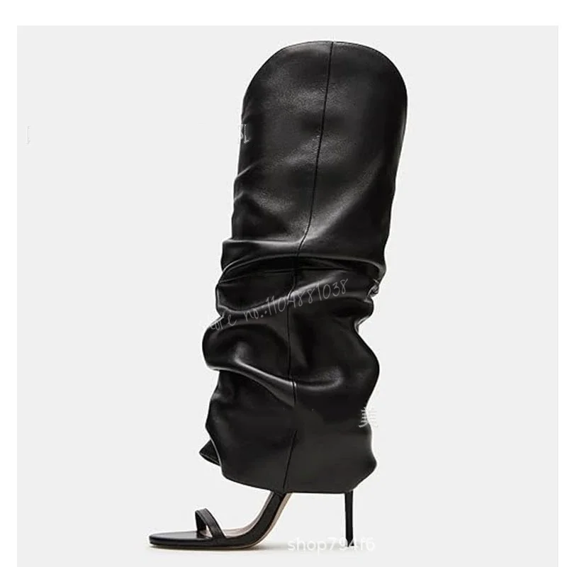 

One Strap High-Heeled Open Toe Summer Long Boots Women One Foot Kick Plus Size Pleated Leather Knee High Boots Cool Shoes