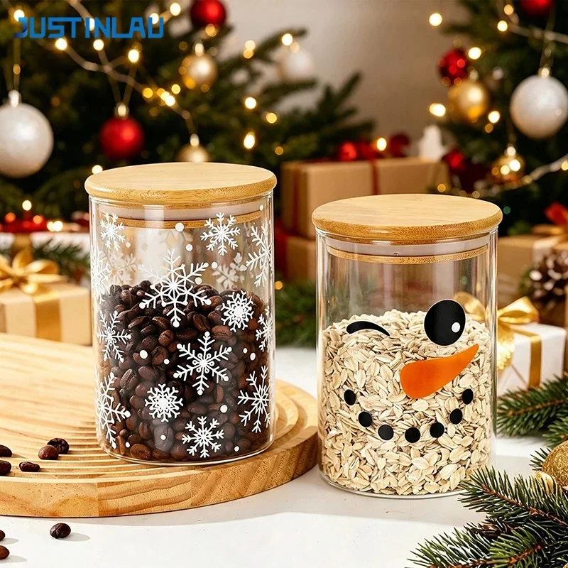 JUSTINLAU 3Pcs Food Storage Tank High Borosilicate Glass Food Jar with Wood Lid Christmas Printed Oatmeal Nuts Airtight Canister