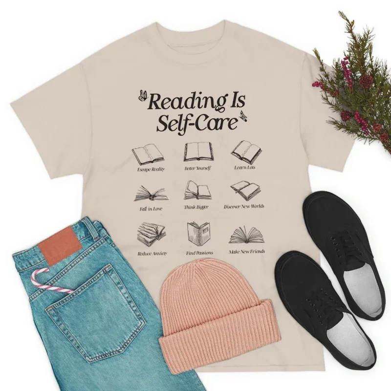 Reading Is Self-Care Bookworm Graphic T-Shirts Women Retro Boho Bookish Mental Health T Shirt Cute Loose Book Lover Tees Gifts