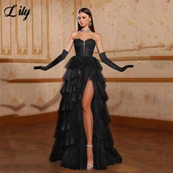 Lily Tiered Layer Schwarze Ballkleider Glitzer Netz A-Linie Abendkleid Exquisite Sweetheart Robe De Soirée Side Split Partykleid