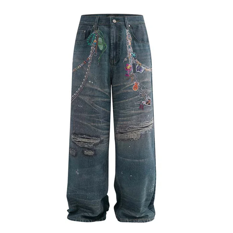 

3D Printed Vintage Hip Hop Jeans Pants Harakuju Straight Loose Denim Trousers For Male Blue