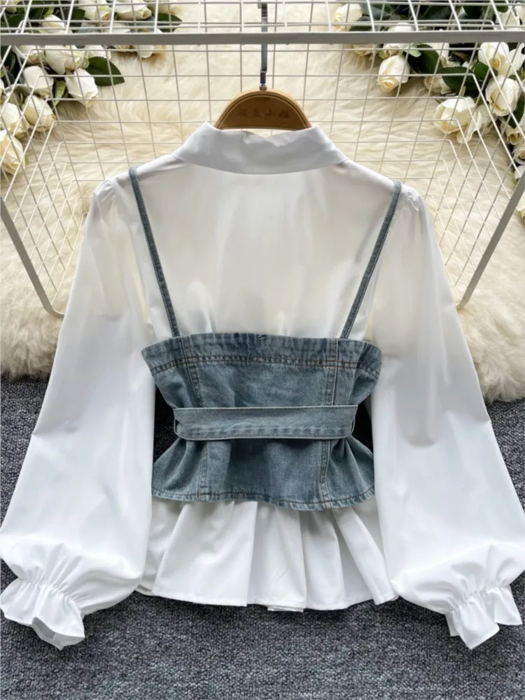 Vintage Casual Slim Blouses Tops French Lantern Sleeve Shirt+Diamond-encrusted Denim Belted Waistcoat Female Clothes Autumn New