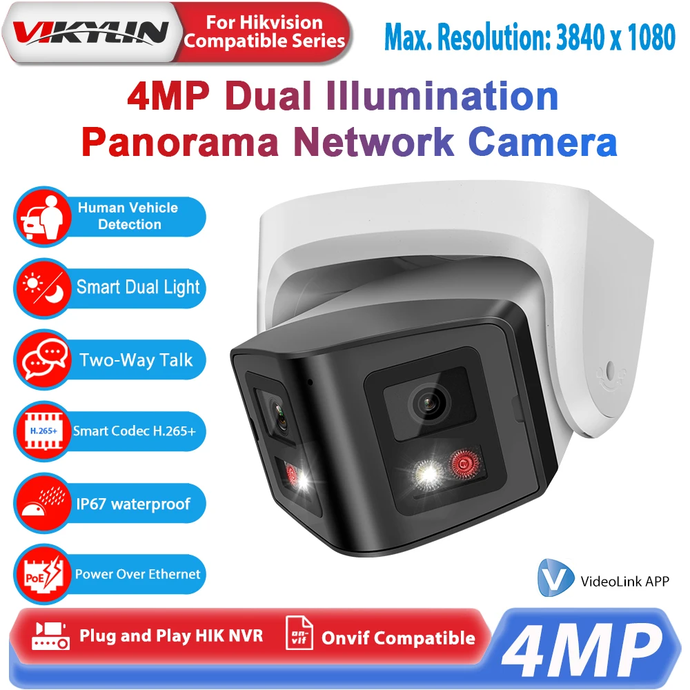 Vikylin pełnokolorowa panoramiczna kamera bezpieczeństwa 4MP podwójny obiektyw kamera typu Bullet dla Hikvision kompatybilny POE nadzór zewnętrzny CCTV