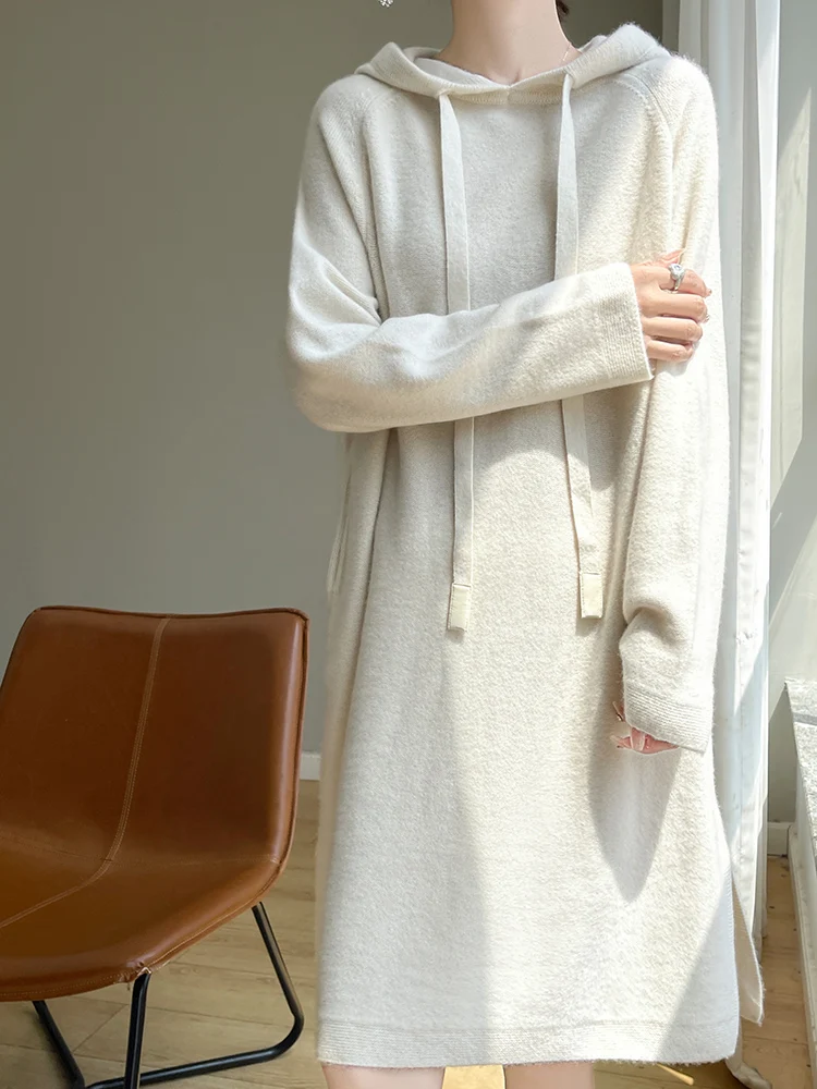 

Women Cashmere Dress Sweater Pullover Hooded Wool Skirts Autumn Winter Long Sleeve Australian Wool Knit Leisure Fashion Skirts