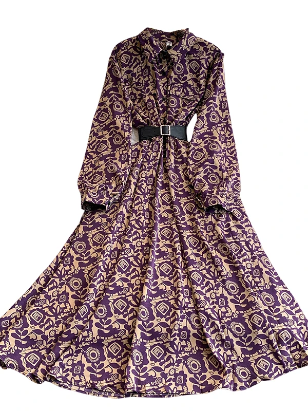 Rétro imprimé fleuri col rabattu longue Dr femmes automne hiver simple bouton minceur jupe complète Dr a-ligne Silhouette