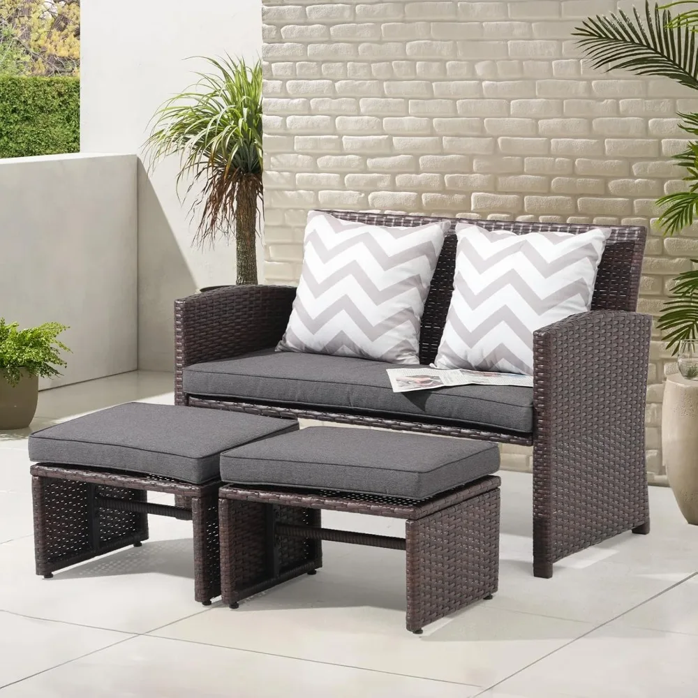 Outdoor Loveseat 3 Piece Patio Furniture Set Outdoor Conversation Set All-Weather Wicker Love Seat with Ottoman/Side Table,