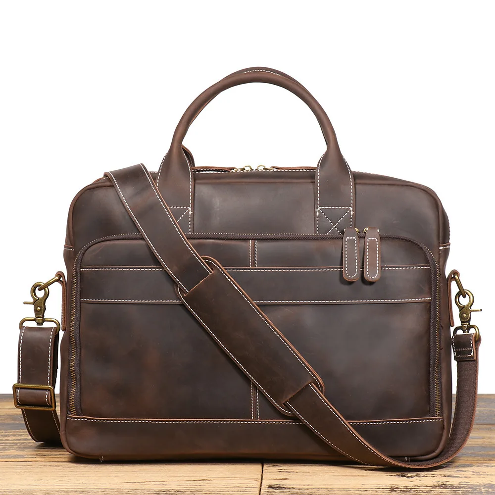 جديد يده حقيقي كمبيوتر محمول مجنون الحصان حقيبة حقيبة ساعي الرجال الجلود واحدة الكتف الطبقة العليا جلد البقر حقيبة سعة كبيرة