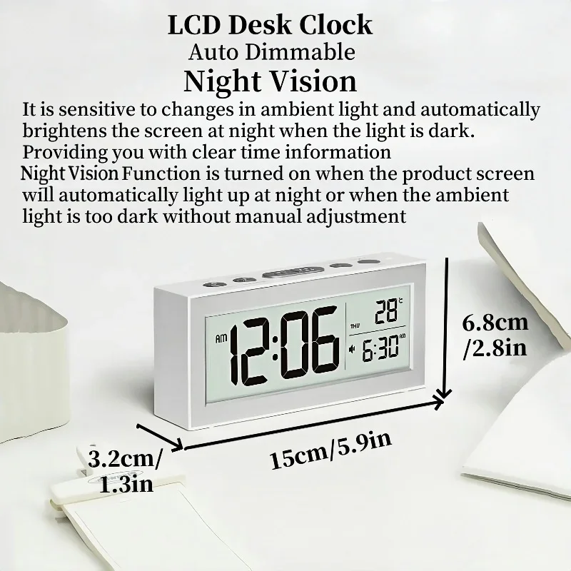 Battery Powered Digital Alarm Clock TEMP Date Backlight Night Vision Unlimited Snooze Table Clock 12/24H Auto Dimmable LCD Clock