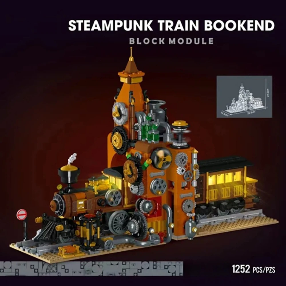 

MOC Retro Steampunk Train Bookend Building Blocks Set Steam Germany Vehicle No Books With Light Toys For Children Birthday Gifts