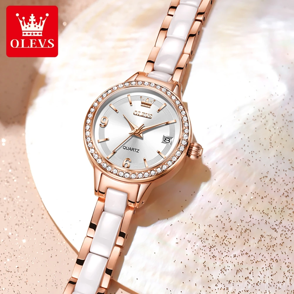OLEVS 7093 Original Quartz Watch Elegant Ceramics Steel Strap Ladies Watch Top Luxury Diamond Bezel Waterproof Watches for Woman