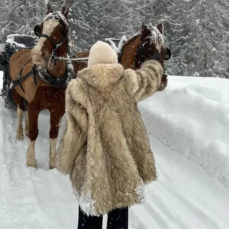 High-end Chic Lapel Faux Fur Warm Thick Coat Women Fluffy Cardigan Long Sleeve Loose Winter High Street Coats Vintage Fur Jacket