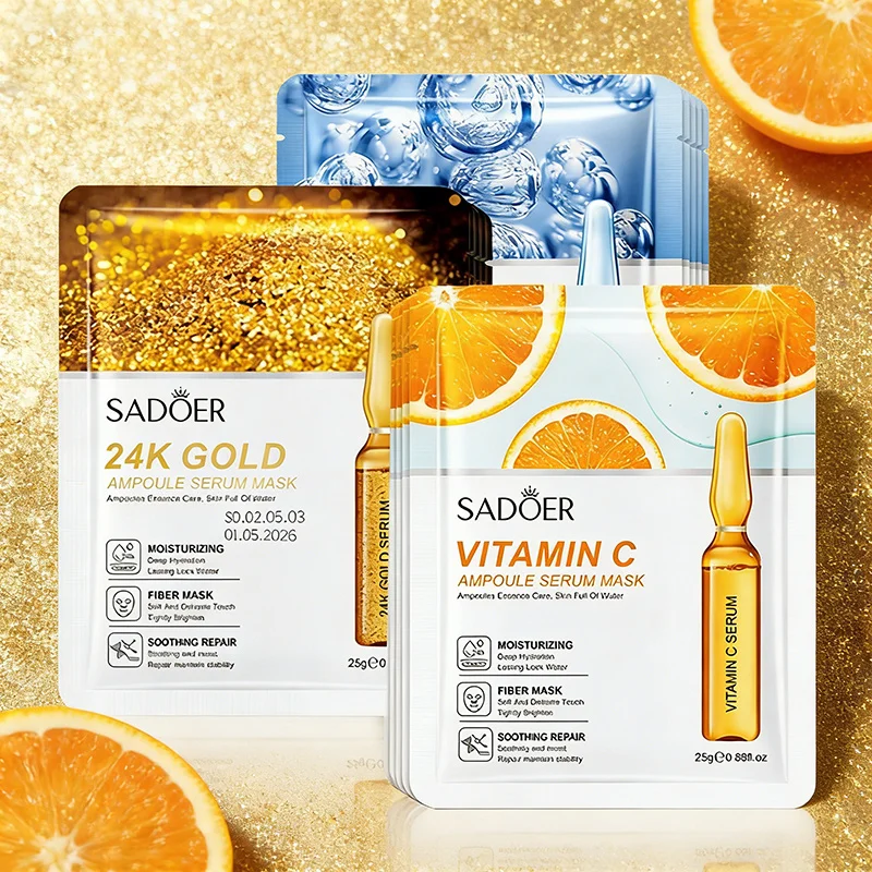15pcs SADOER Golden Ampoule Serum Face Mask Sets Vitamin C Hyaluronic Acid Face Masks Soothing Whitening Anti-aging Facial Masks