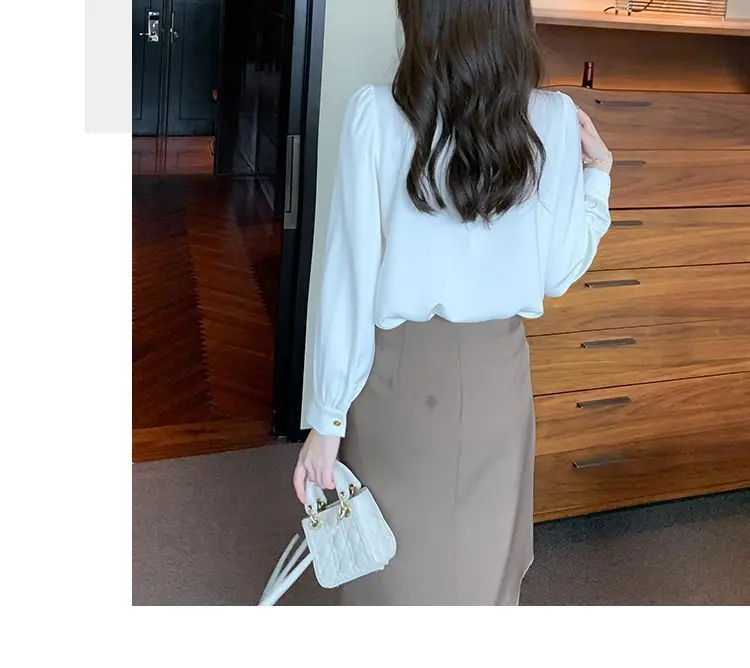 French High-end Pointed Collar Shirt for Women New Western-style Chiffon Shirt Fashionable Chain Splicing Top