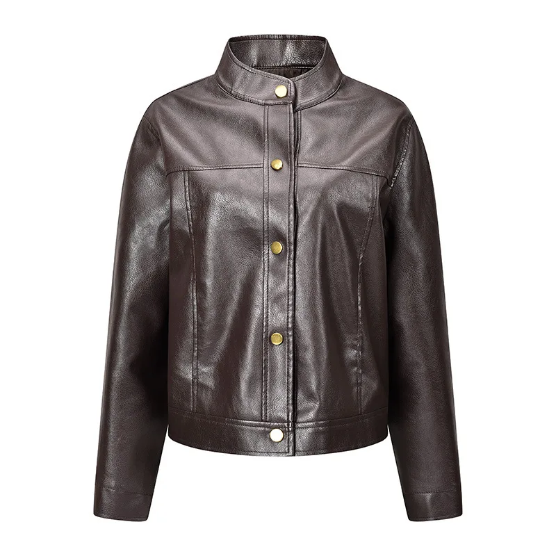 Fall 2026 Women's Casual Short 3D Stand Collar Leather Jacket Versatile Thick Synthetic Leather Top Coat Regular Length
